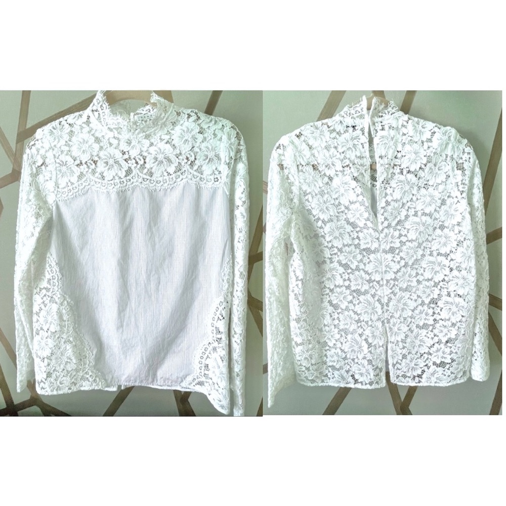 SANDRO | 🤍 White Lace Mock Neck Blouse w/ Thin Pinstripe Panel | Size 1 (Small) - Picture 2 of 16